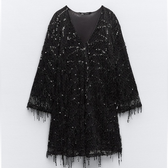 NWT Zara Black FRINGED SEQUIN MINI DRESS Size Small S - Picture 2 of 15